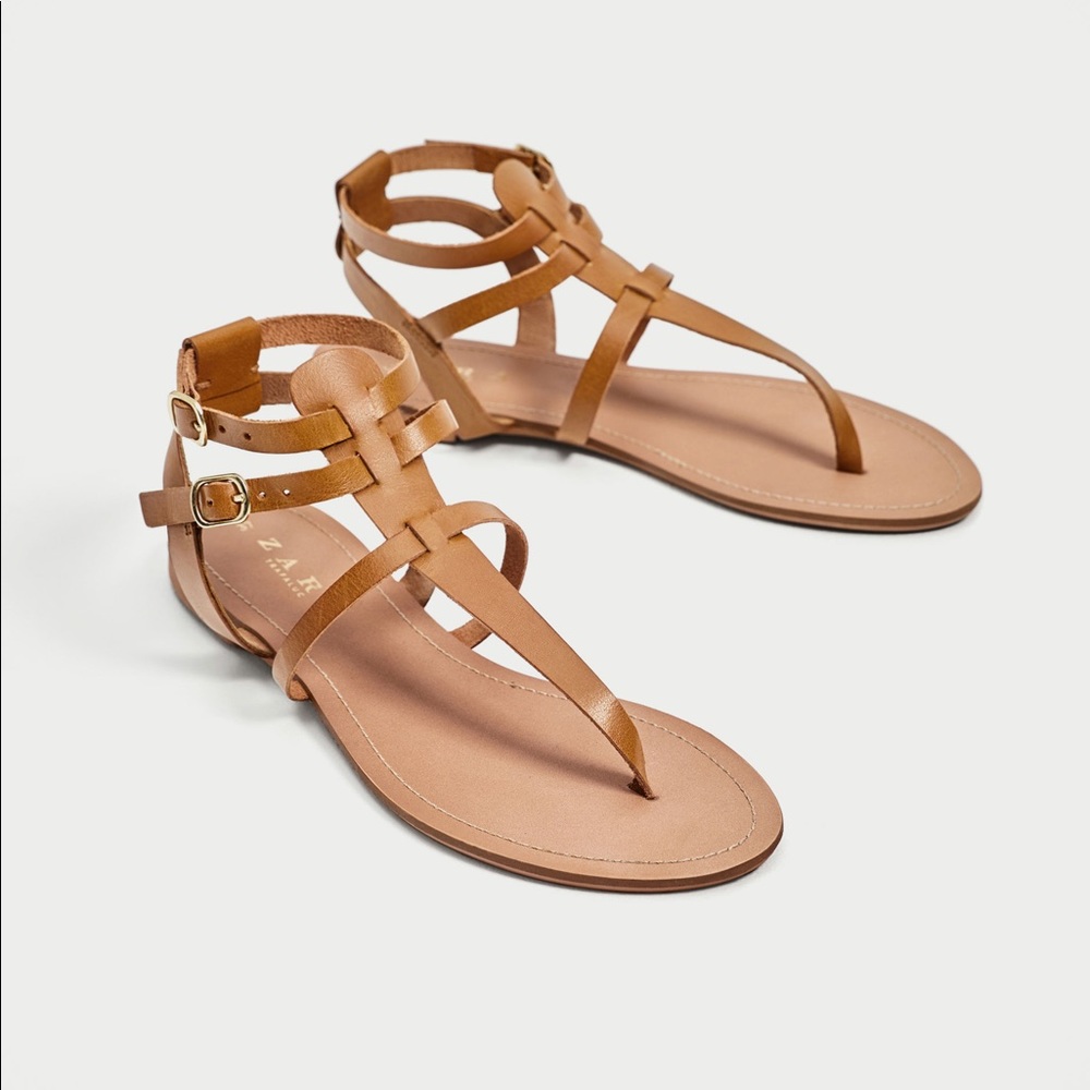 ZARA Leather T-Strap w/Single Buckle Sandals